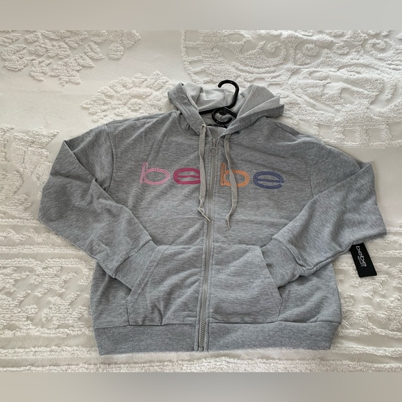 FINAL PRICE NWT Bebe Hoodie: Heather Gray Front Signature Logo Zipper Pockets L - Picture 9 of 9